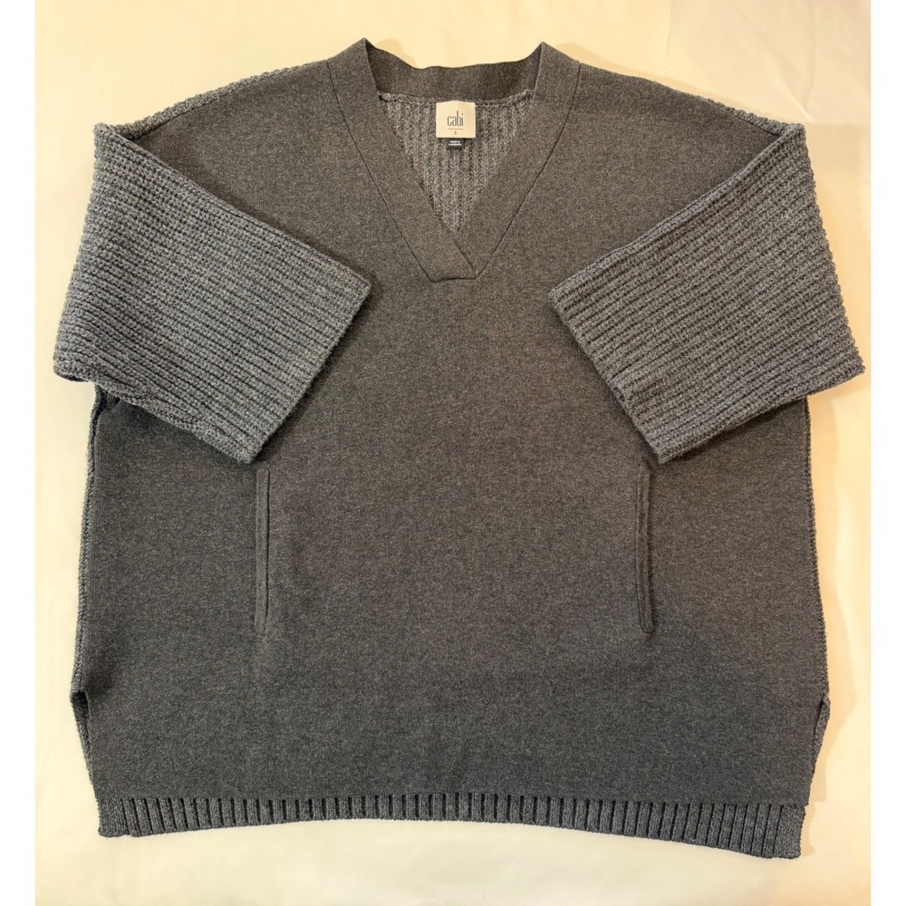 Cabi Oversized Sweater V-Neck Gray 4655 Forty Winks Mixed Ribbed Pockets Small